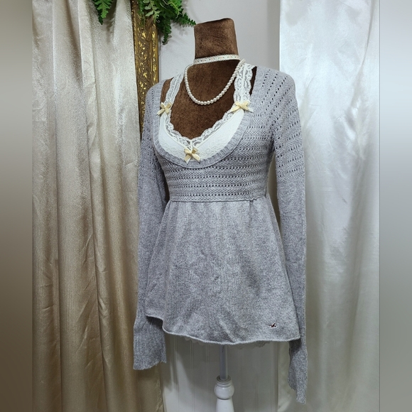 ♡ Y2K ♡ Hollister Grey Rabbit Hair Empire Waist Babydoll Sweater - Picture 3 of 11